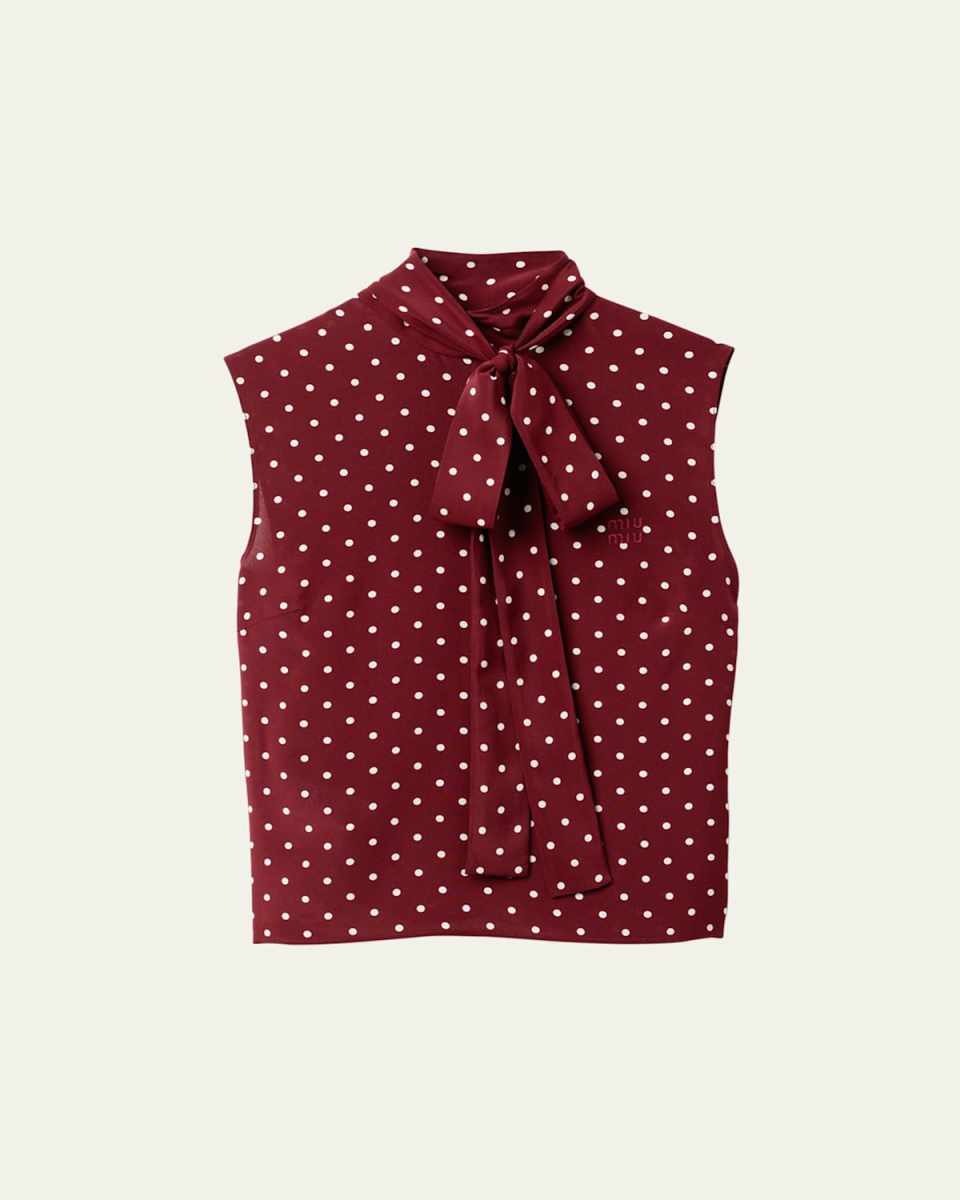 Polka Dot Crepe de Chine Scarf Collar Top